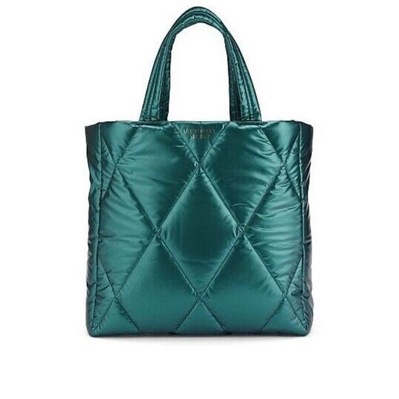 Victoria's Secret Puffer Tote Metallic Teal Green Quilted Bag‎ Blue Green NEW - Picture 3 of 7